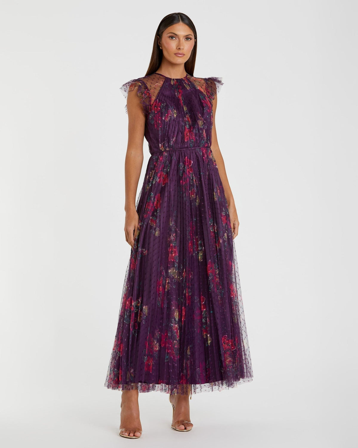 Purple Floral Flutter Sleeve Midi Dress