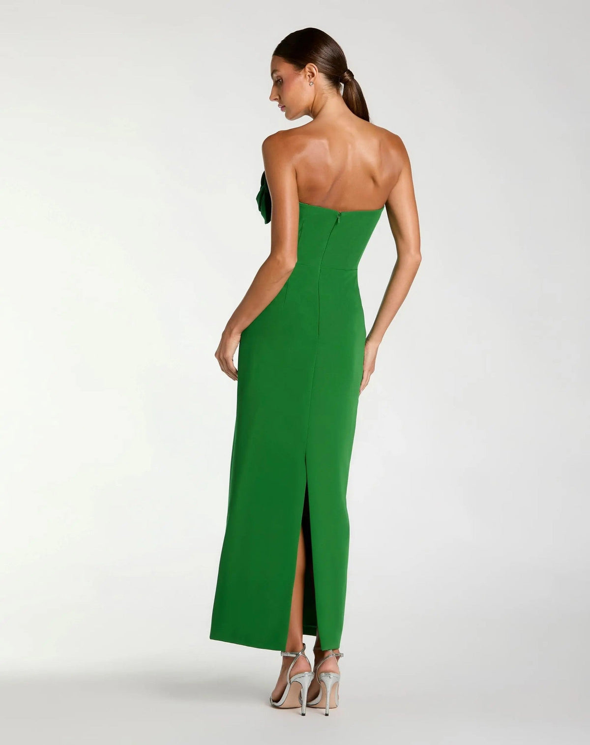 Spring Green Strapless Crepe Dress With 3D Flower Detail
