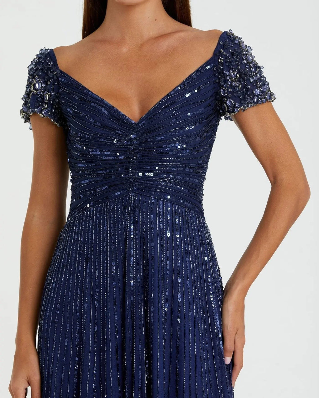 Sapphire Embellished V-Neck Cap Sleeve Gown