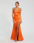 Sherbet Strapless Satin Gown With Slit