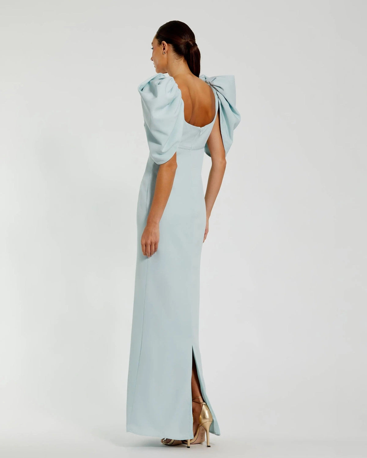 Powder Blue Fitted Crepe Square Neck Gown With Puff Sleeves