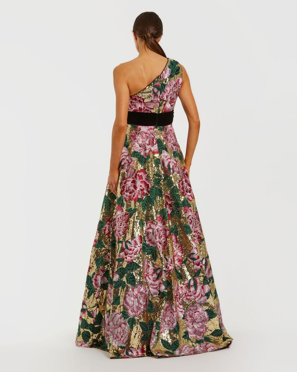 Gold Multi One Shoulder Sequin Ball Gown With Velvet Bow