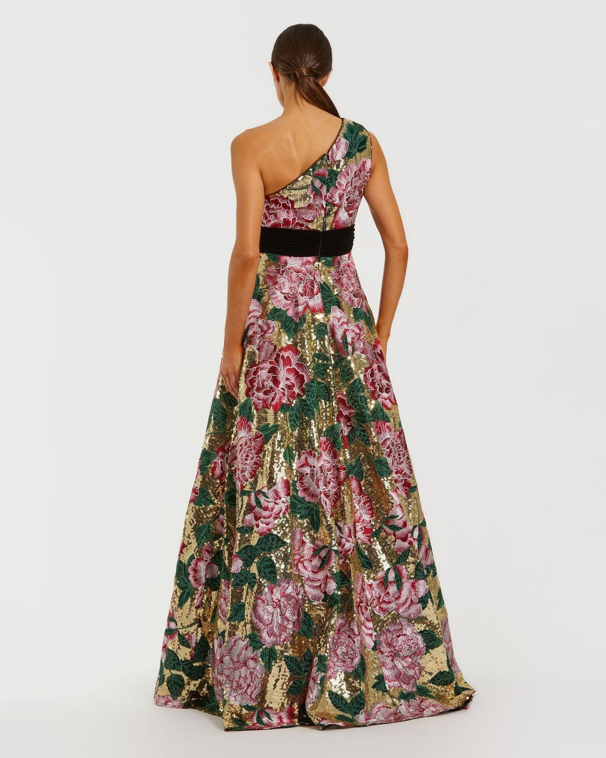 Gold Multi One Shoulder Sequin Ball Gown With Velvet Bow