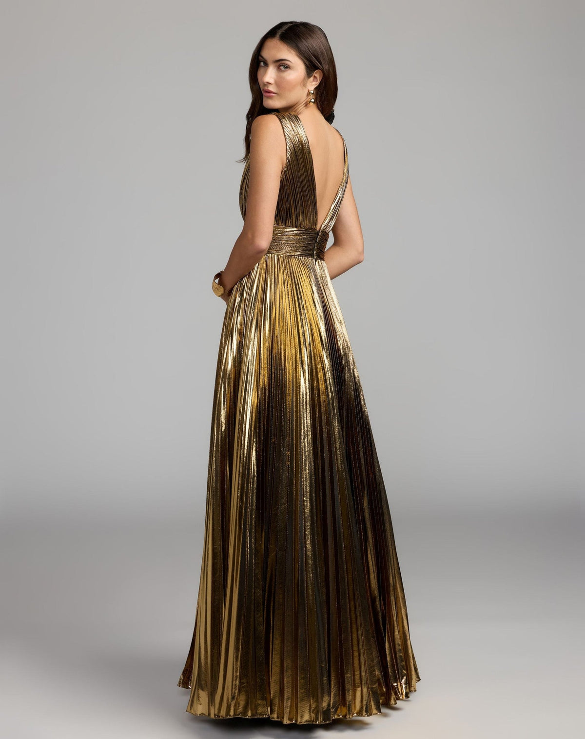 Gold Sleeveless Metallic V-Neck Gown With Ruffle Detail