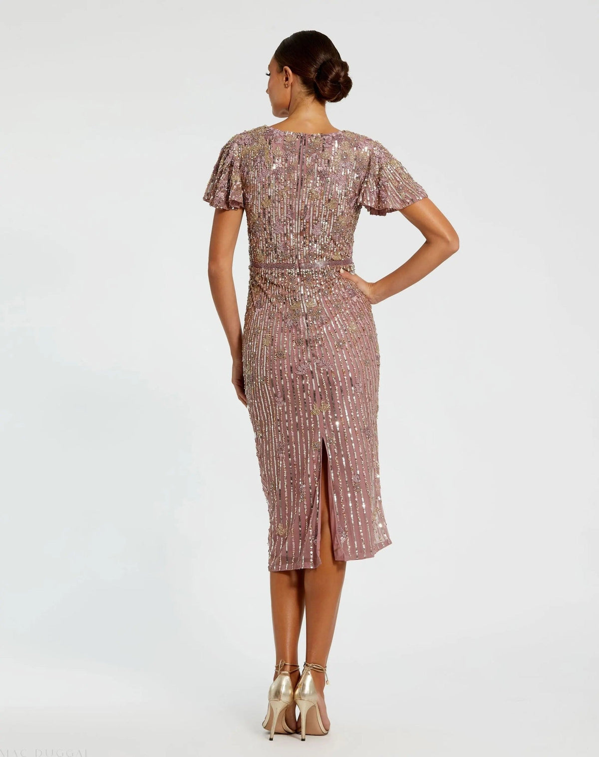 Purple Embellished Faux Wrap Flutter Sleeve Dress