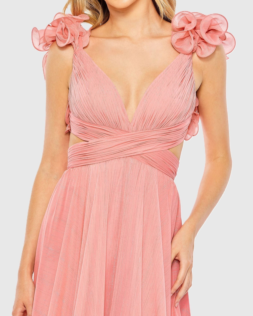 Pink Ruffle Sleeve V Neck A Line Gown