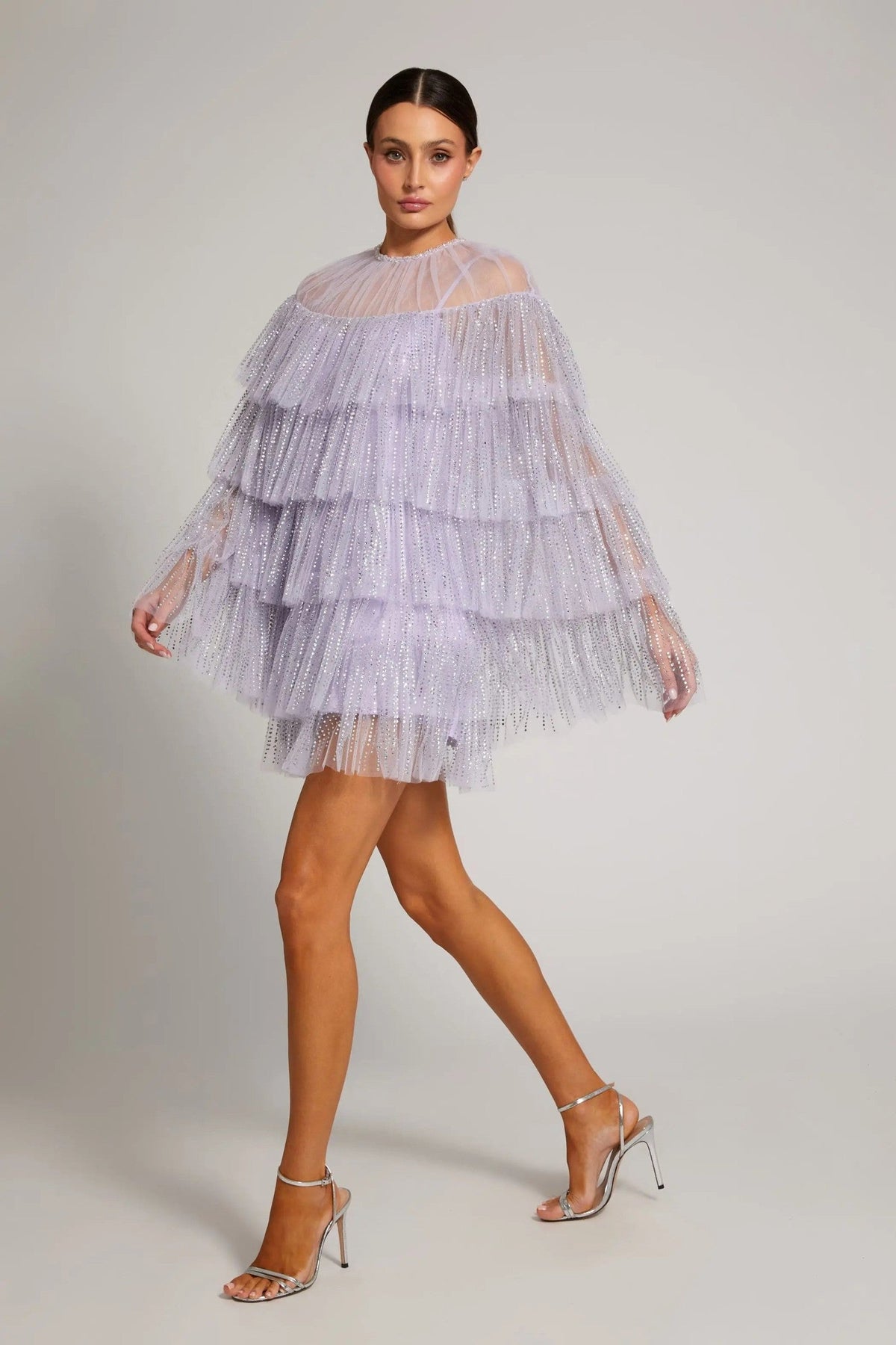 Purple Embellished High Neck Ruffle Mini Dress