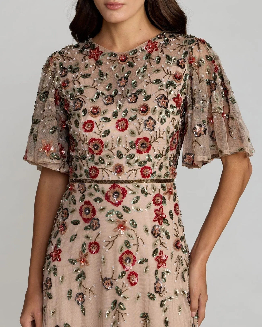Antique Rose Floral Embellished Flutter Sleeve Midi Dress
