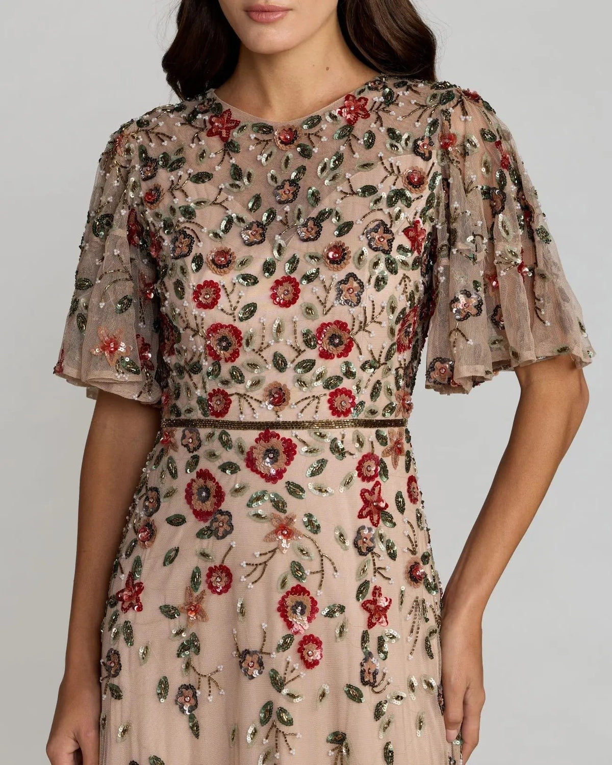Antique Rose Floral Embellished Flutter Sleeve Midi Dress
