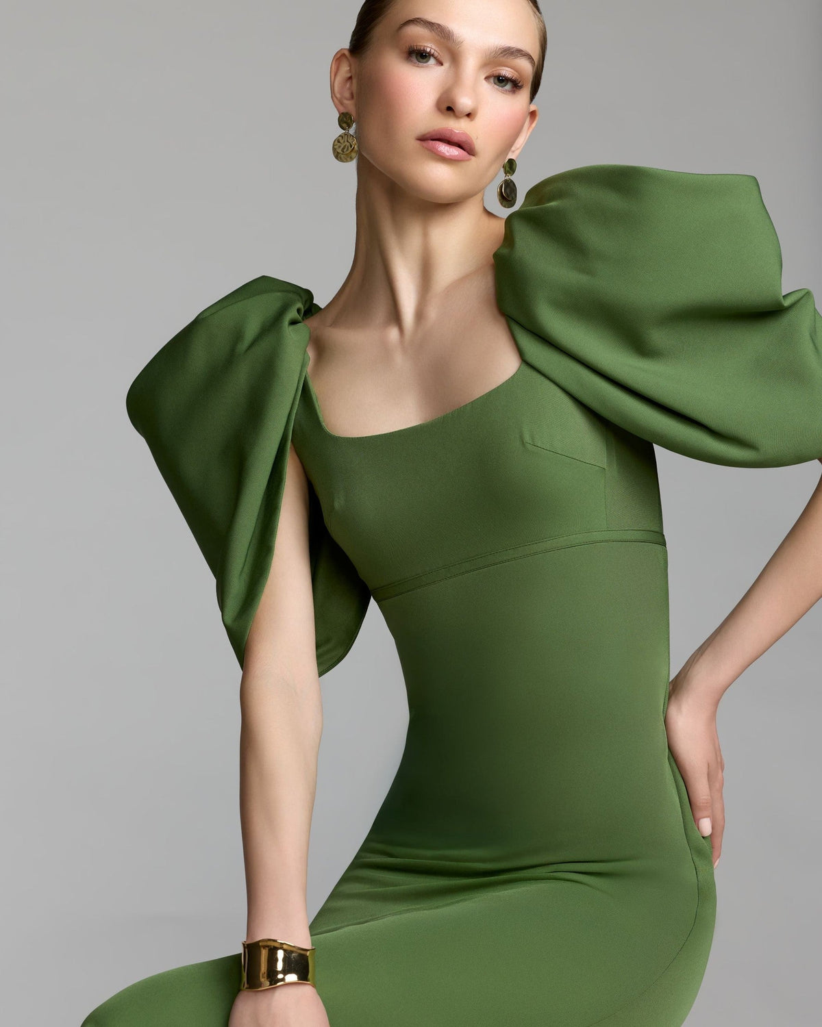 Moss Green Crepe Square Neck Gown With Puff Sleeves
