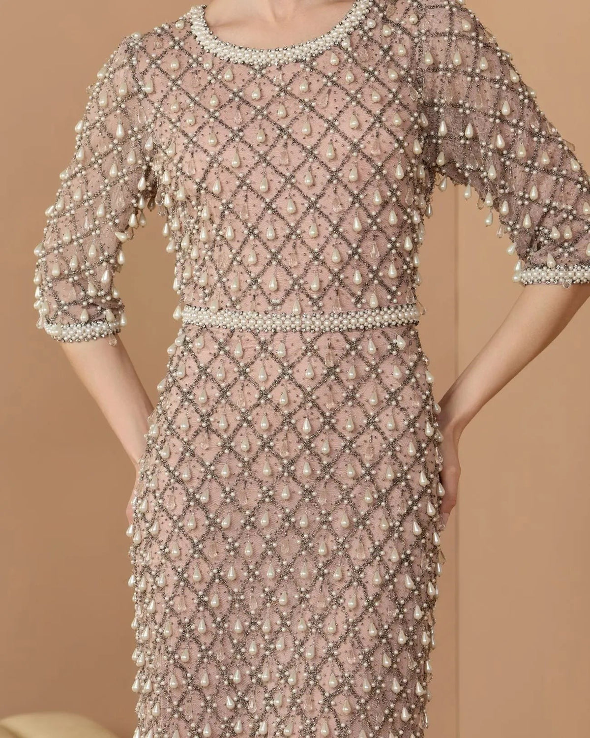Light Rose Pearl Embellished 3/4 Sleeve Gown