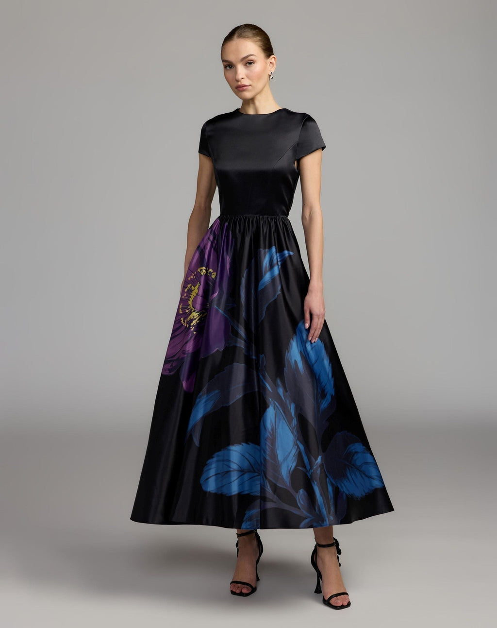 Black Satin Cap Sleeve Floral Printed A-Line Dress
