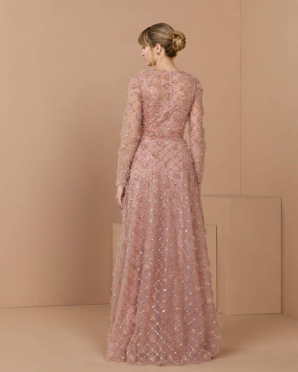 Mocha High Neck Long Sleeve Embellished A-Line Gown