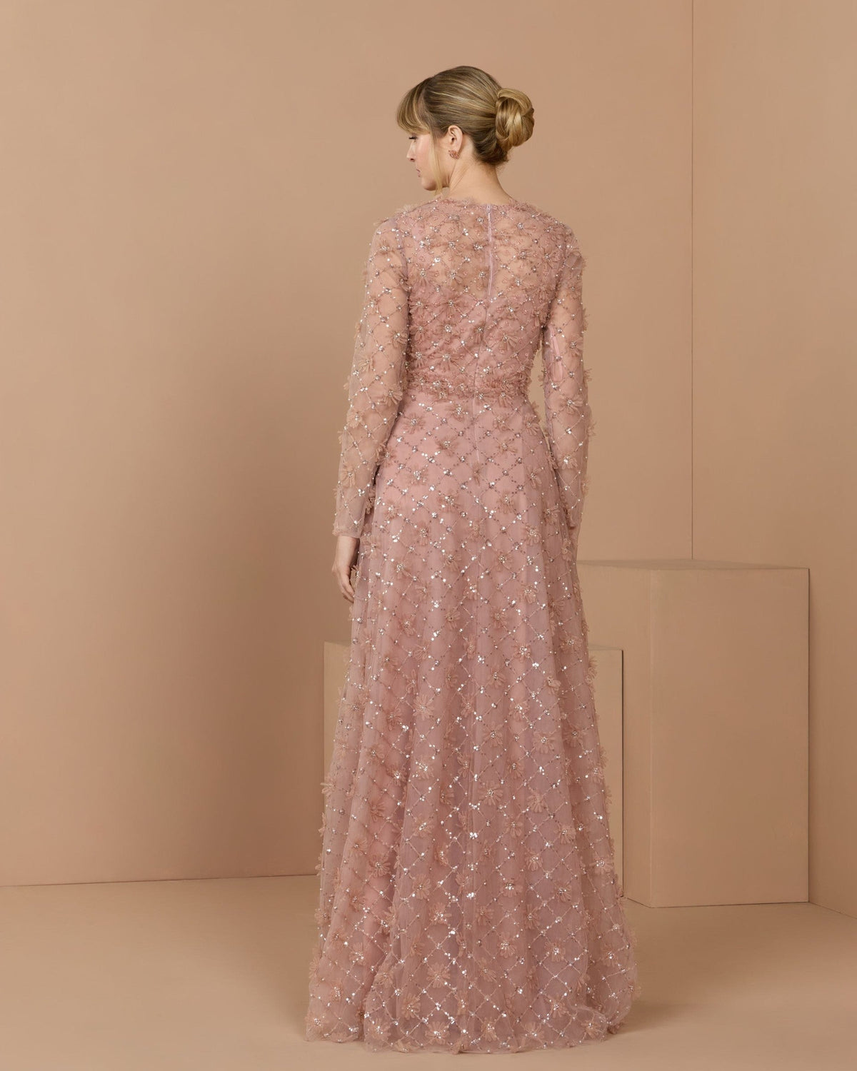 Mocha High Neck Long Sleeve Embellished A-Line Gown