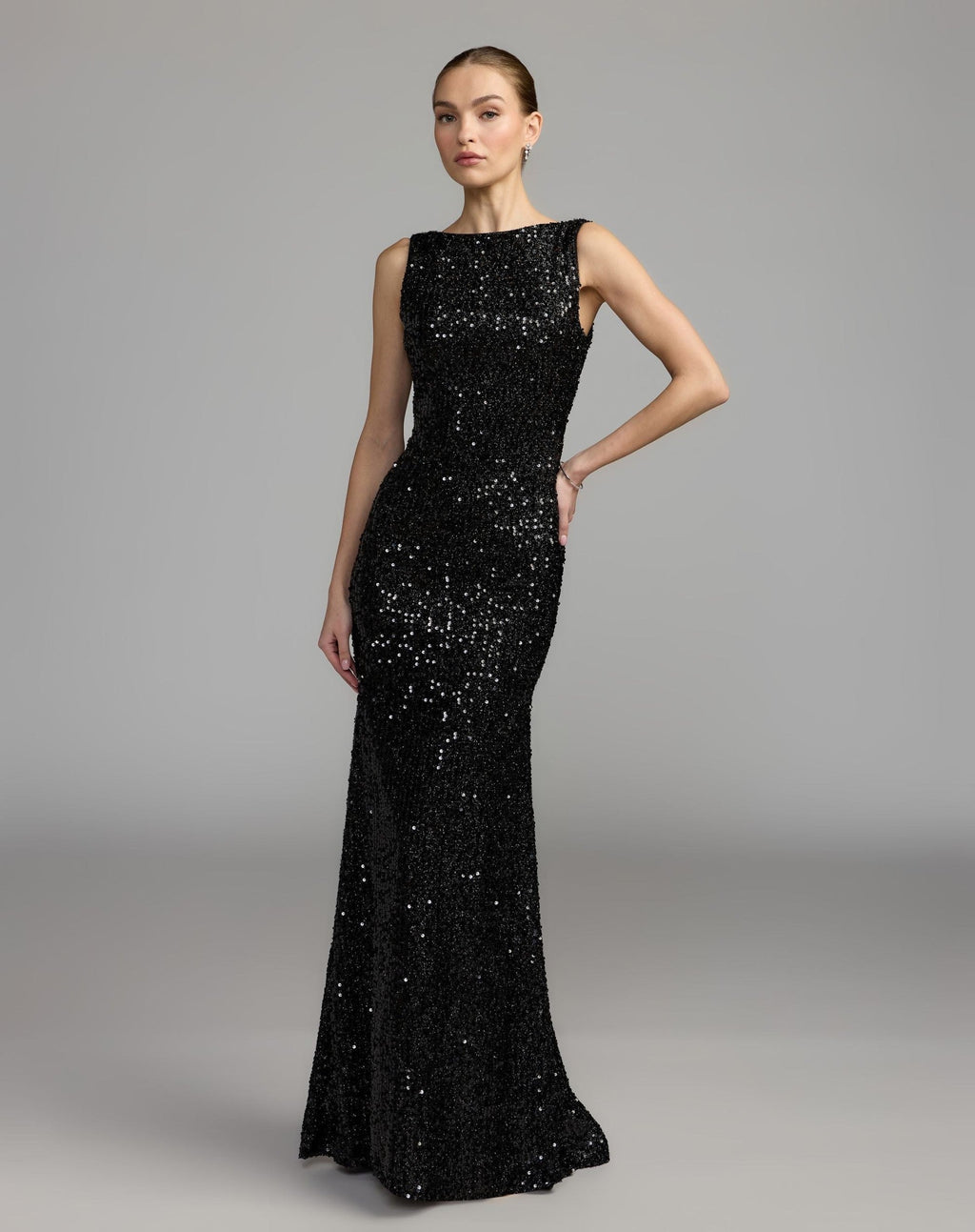 Black Sleeveless Cowl Back Sequin Evening Gown