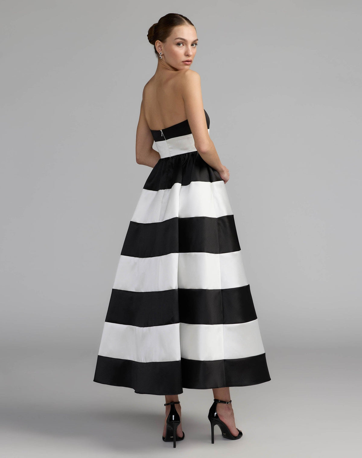 Black Ivory Striped Strapless Mikado Midi Dress