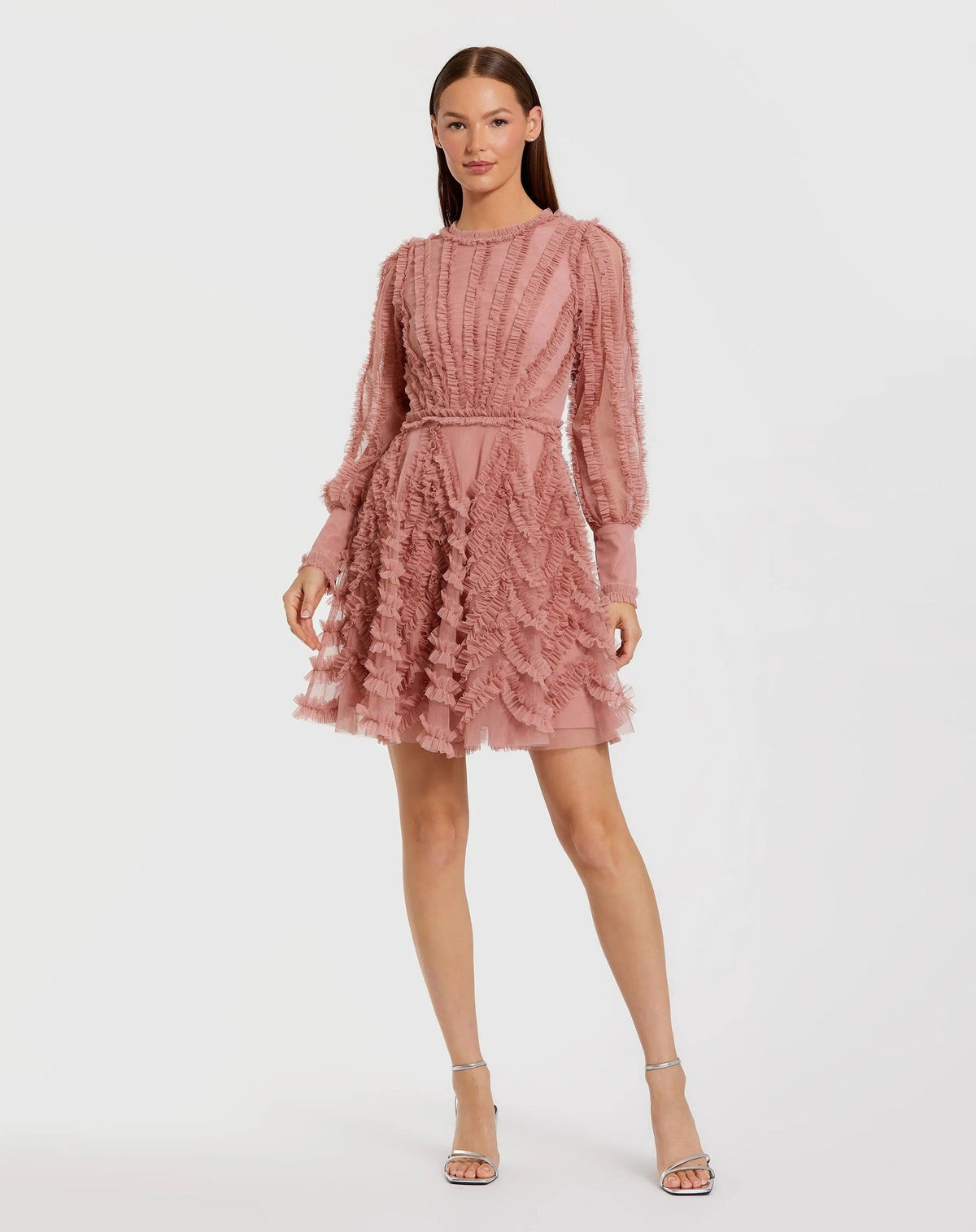 Rose Ruffle Lace Up Back Long Sleeve Mini Dress
