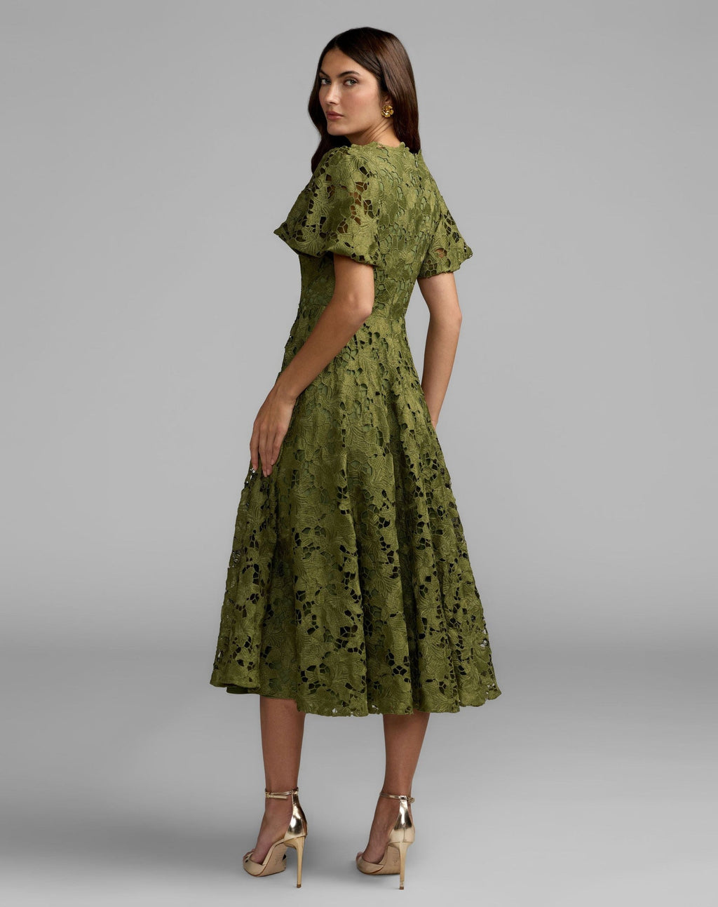 Olive Floral Lace Flutter Sleeve Midi Dress