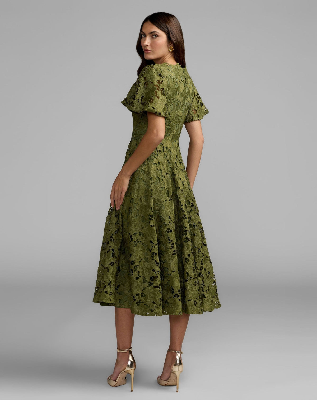 Olive Floral Lace Flutter Sleeve Midi Dress