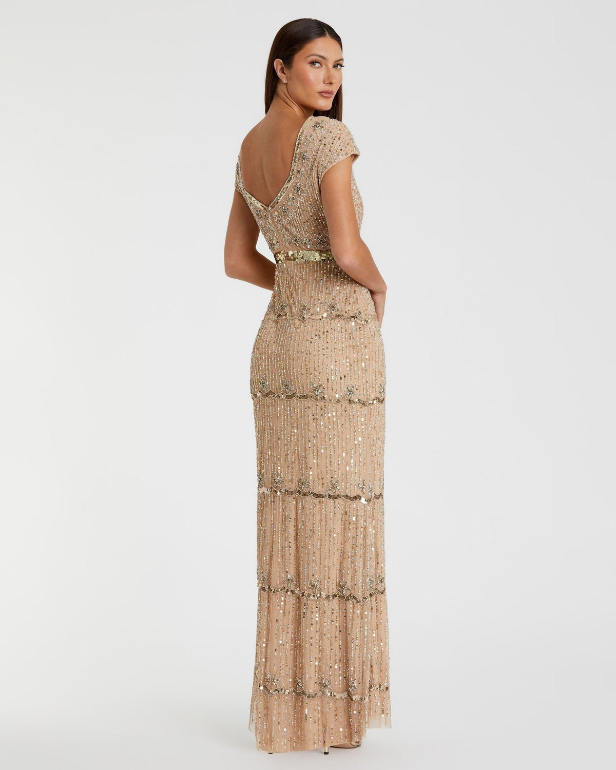 Petite Nude Sequin Cap Sleeve Sweetheart Column Gown