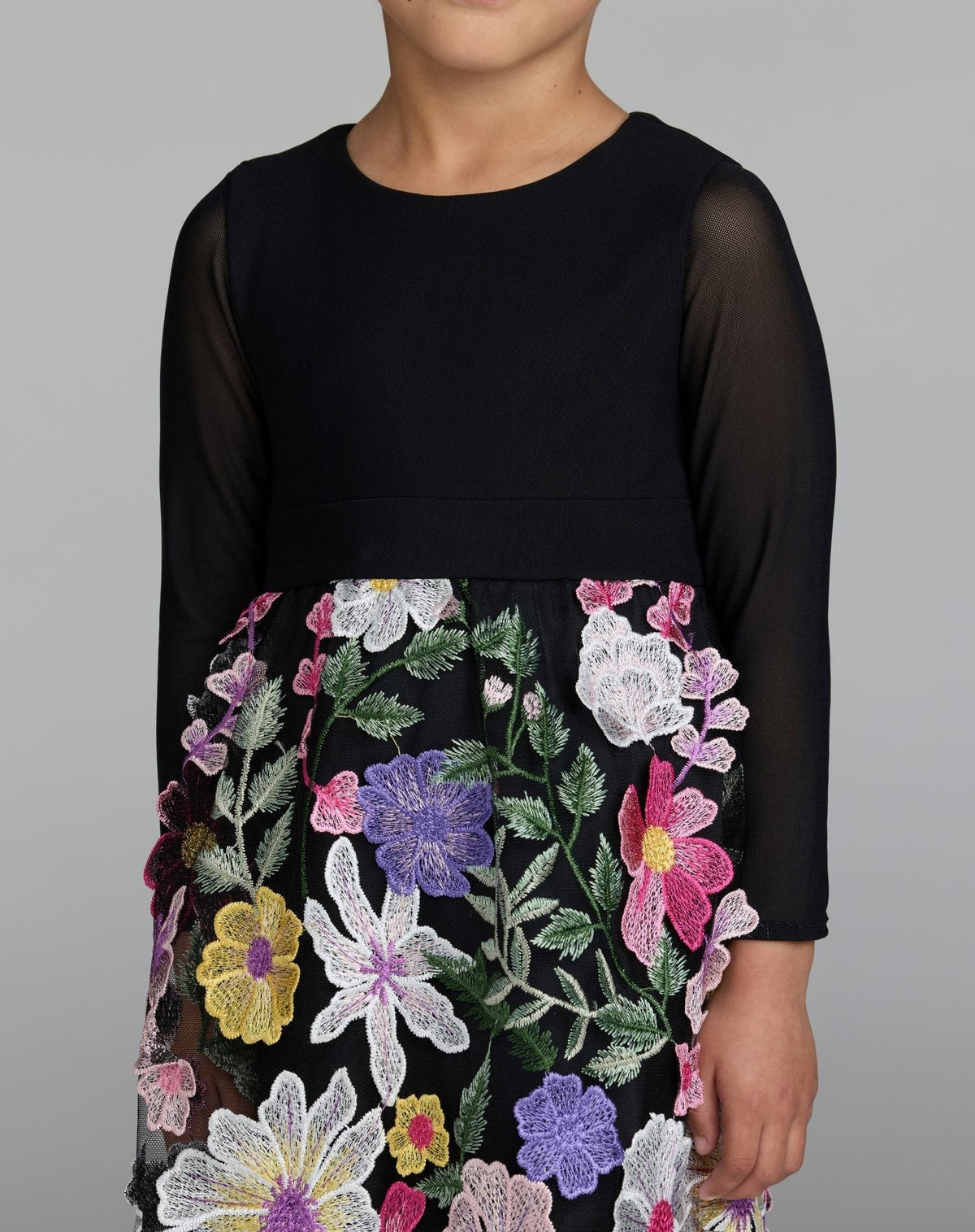 Girls Black Long Sleeve Floral Embroidered Dress