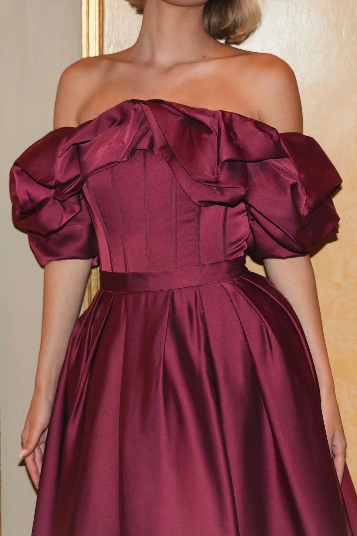 Plum Off The Shoulder Tea Length Dress