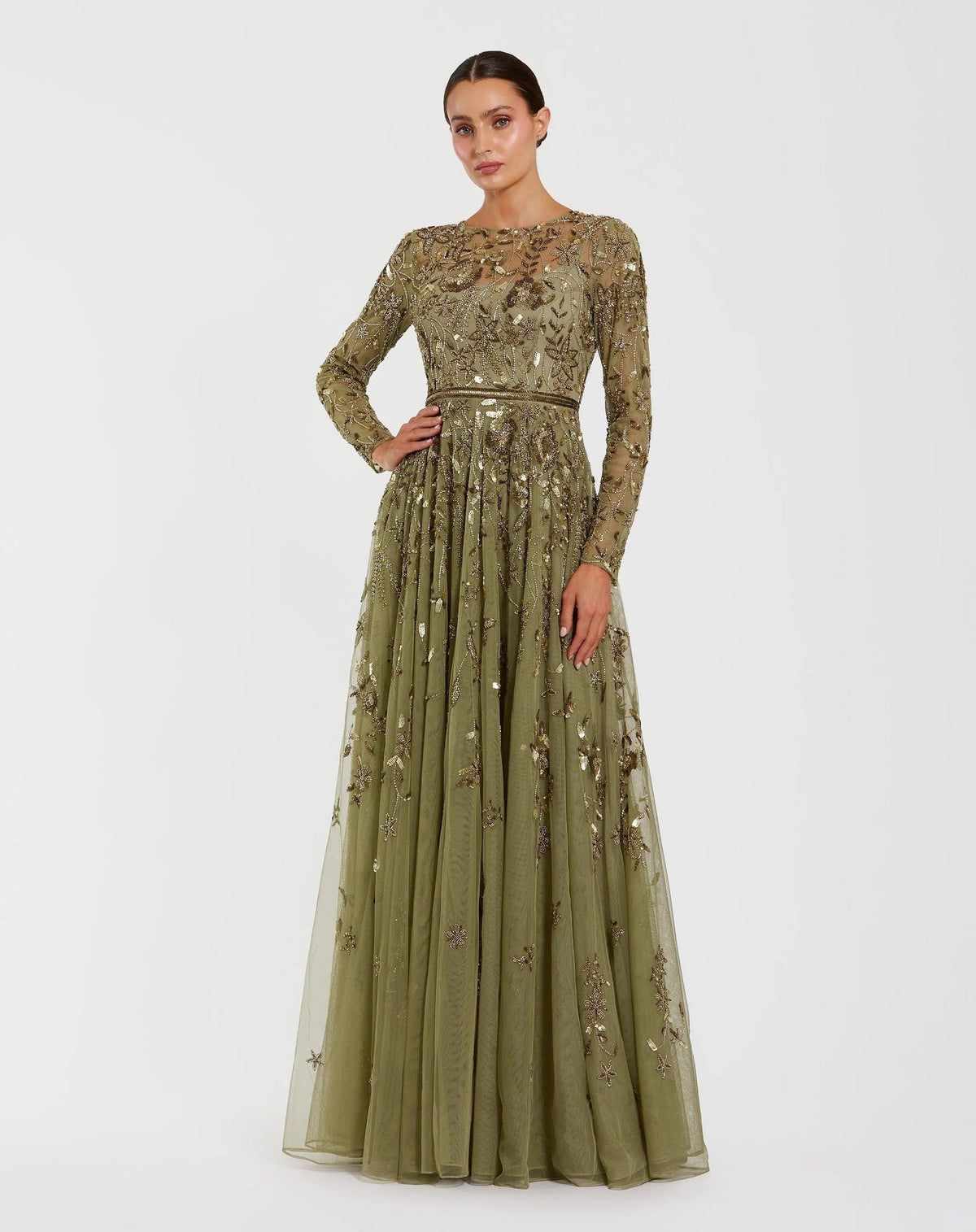 Green Long Sleeve Hand Embellished Floral A-line Gown