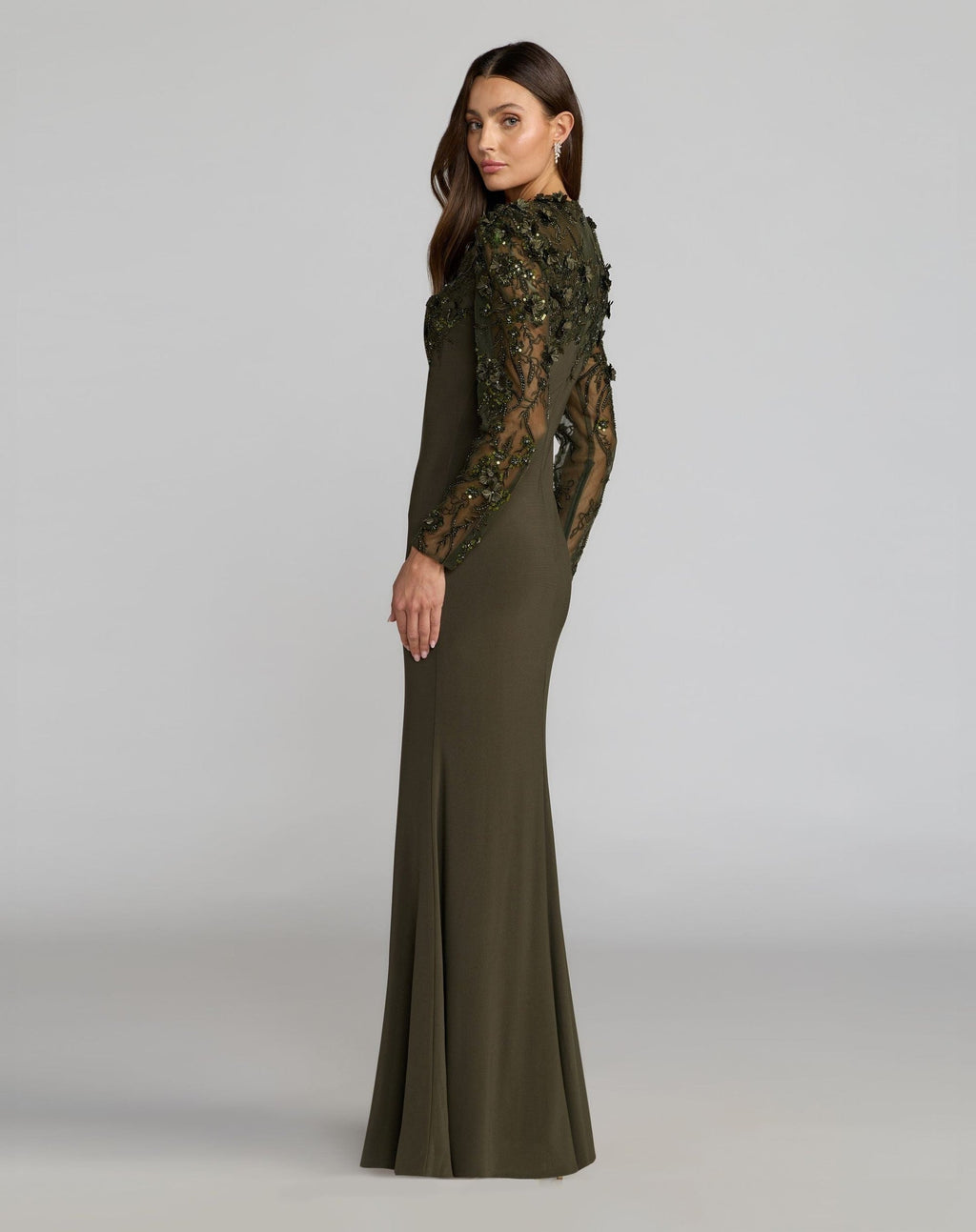 Olive Green Long Sleeve Floral Embellished Column Gown