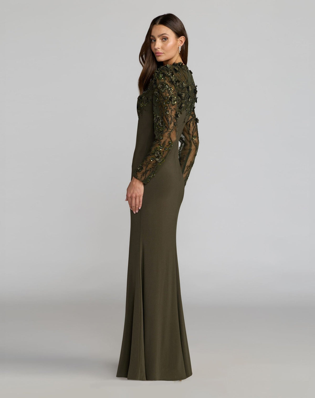 Olive Green Long Sleeve Floral Embellished Column Gown