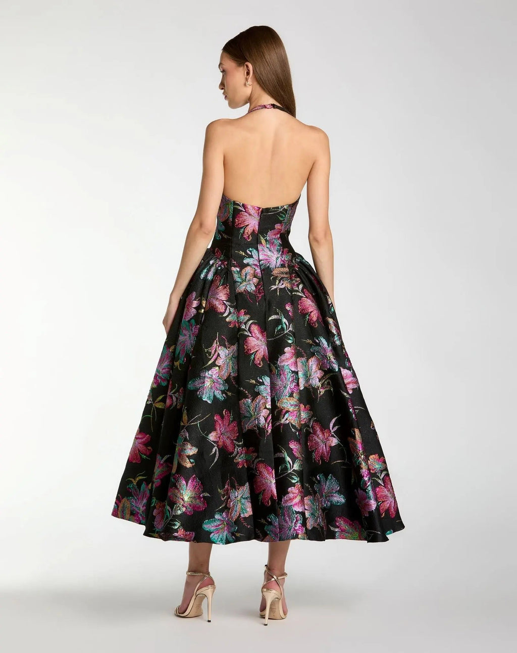 Black Brocade Halter Neck Open Back Midi Dress