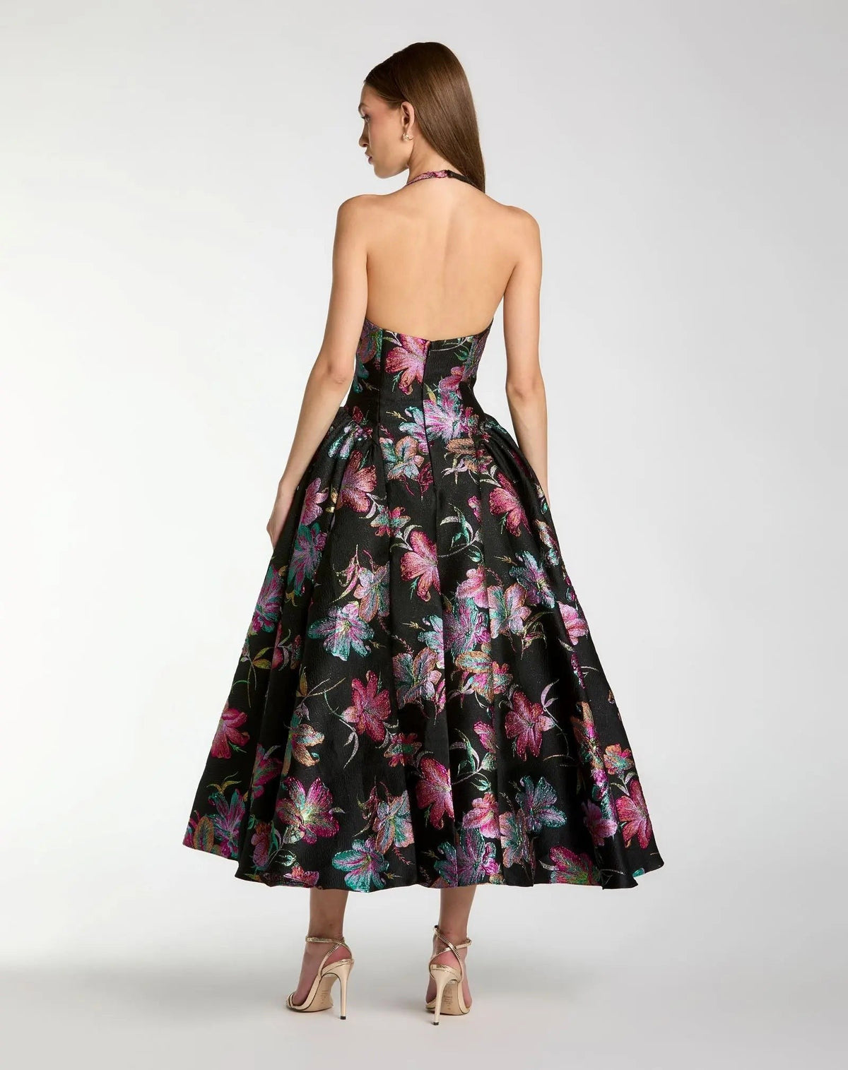 Black Brocade Halter Neck Open Back Midi Dress