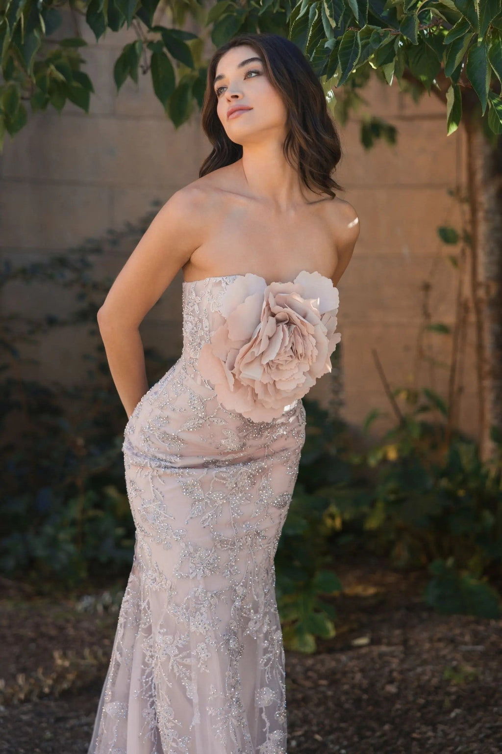 Pink Strapless Lace Embellished Trumpet Gown With 3D Flower