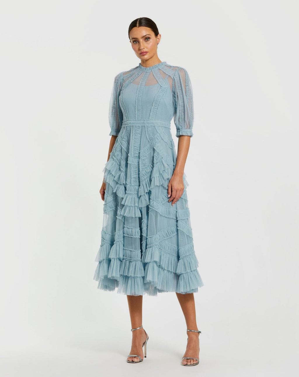 Petite Blue High Neck Ruffle Tiered A-Line Midi Dress