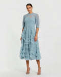 Petite Blue High Neck Ruffle Tiered A-Line Midi Dress