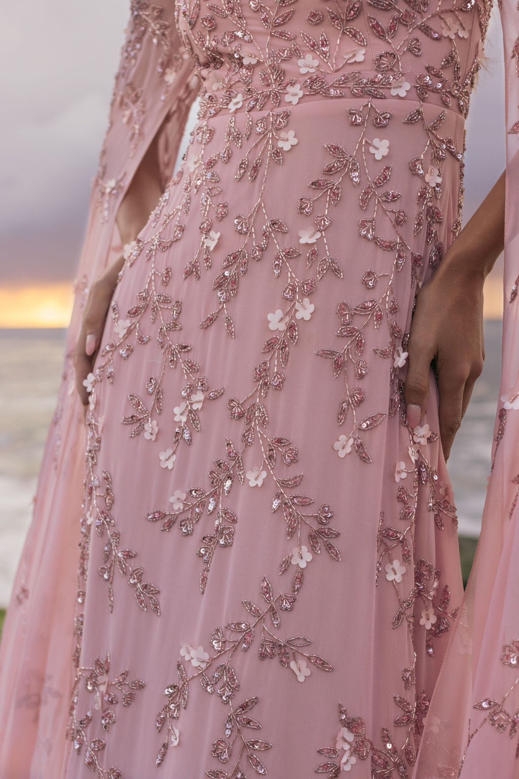 Rose Floral Embellished Cape Sleeve Gown