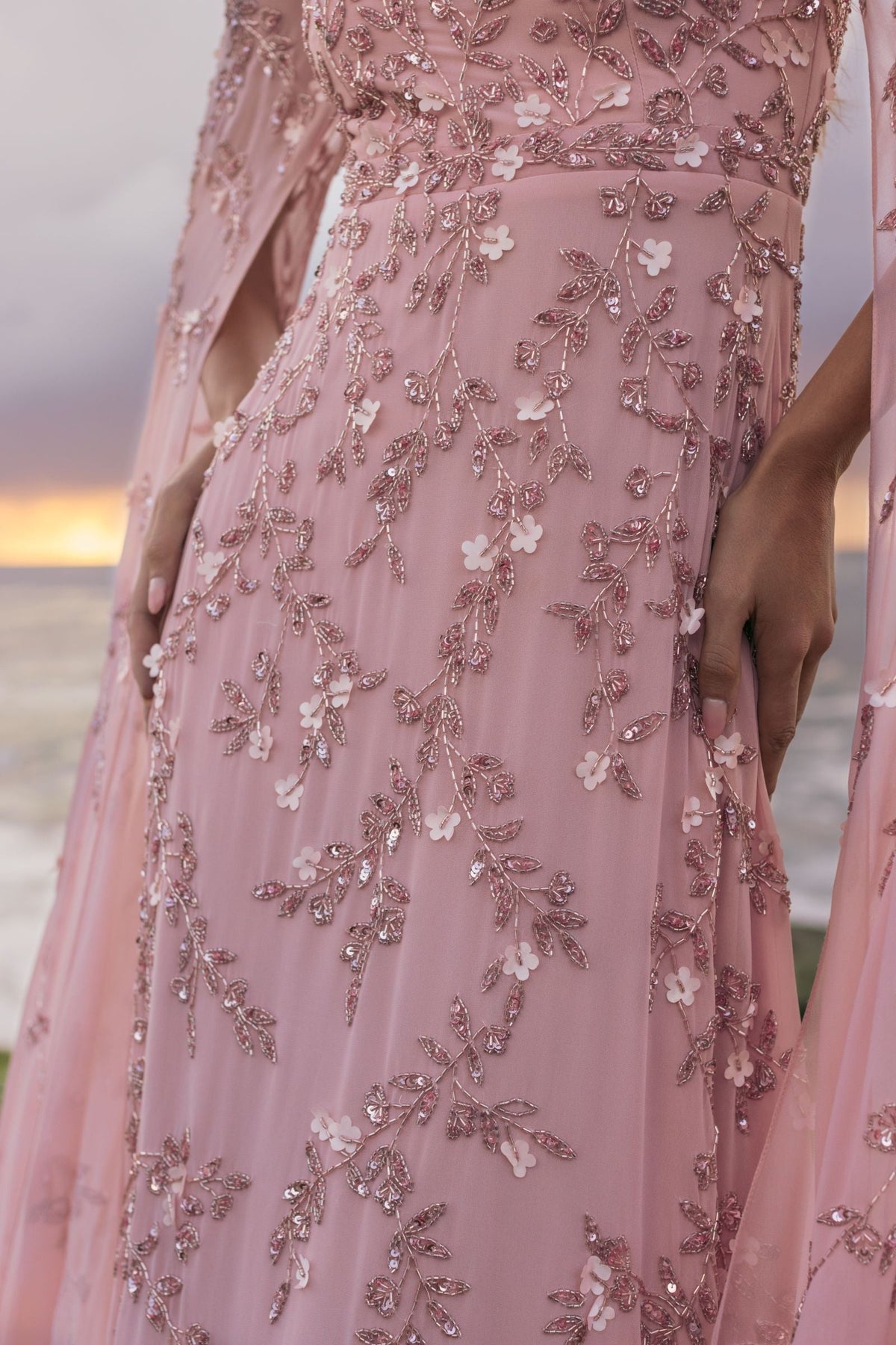Rose Floral Embellished Cape Sleeve Gown