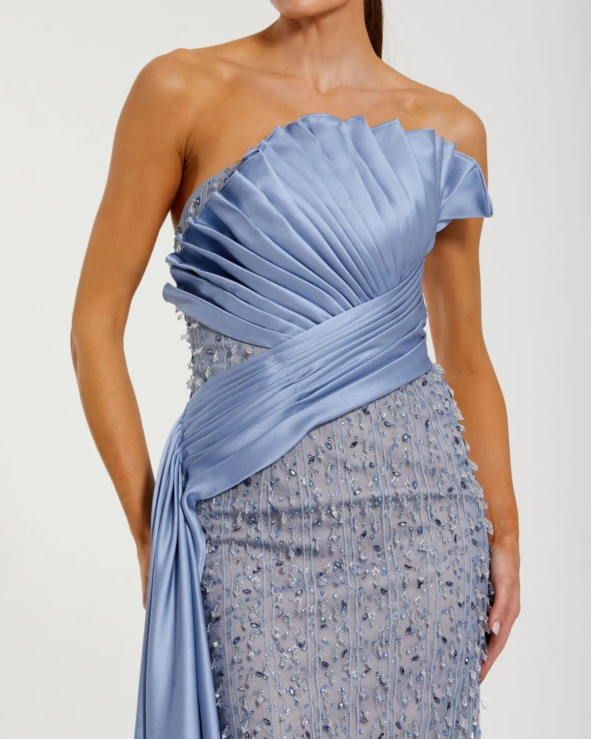 Fusion Blue Beaded Lace Column Gown with Satin Sash