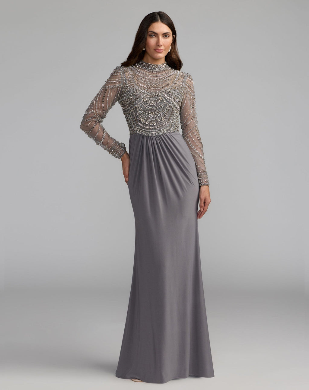 Platinum Beaded Jersey Mock Neck Long Sleeve Gown