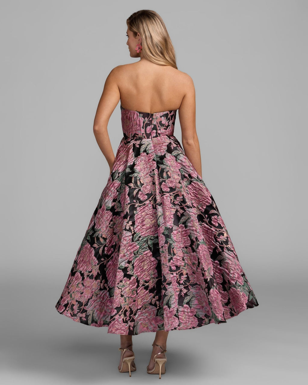 Black Multi Strapless Brocade Midi Dress With Pockets