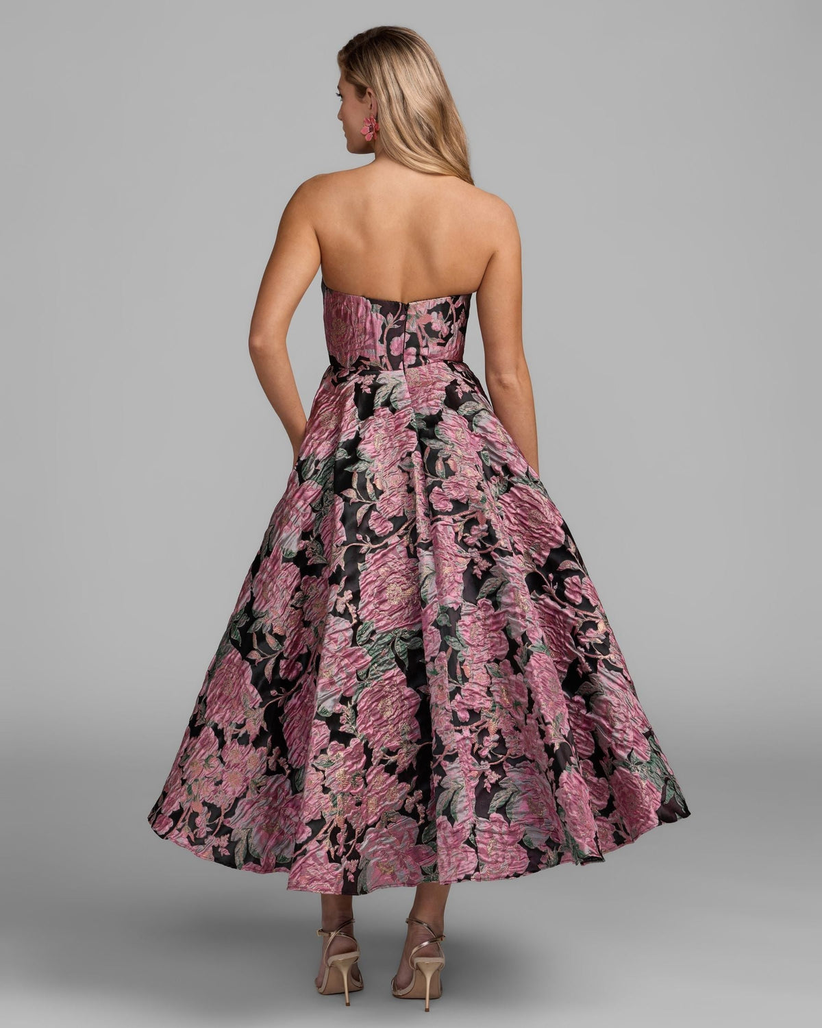 Black Multi Strapless Brocade Midi Dress With Pockets