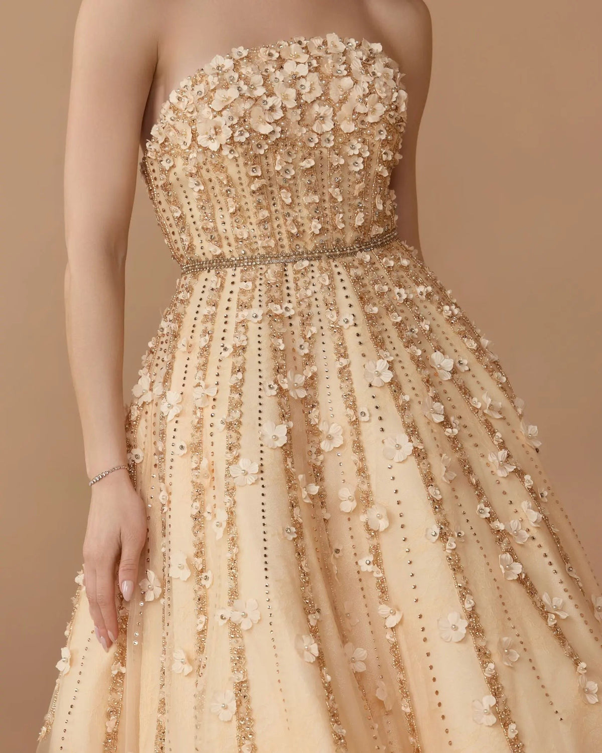 Champagne Strapless Floral Embellished Midi Dress