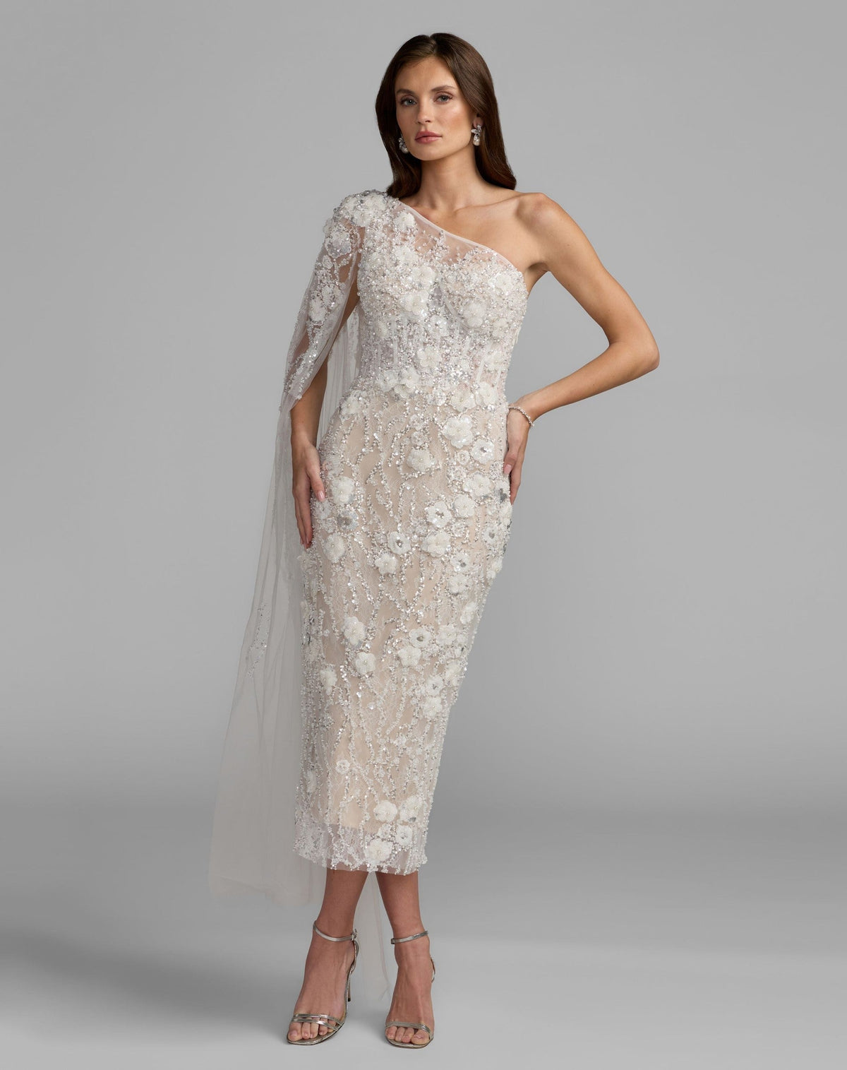 Ivory Nude Beaded One Shoulder Corset Midi Dress