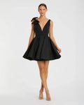Black Plunge Neck Fit and Flare Mini Dress With Bow