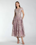 Purple Embroidered Cap Sleeve High Neck Midi Dress