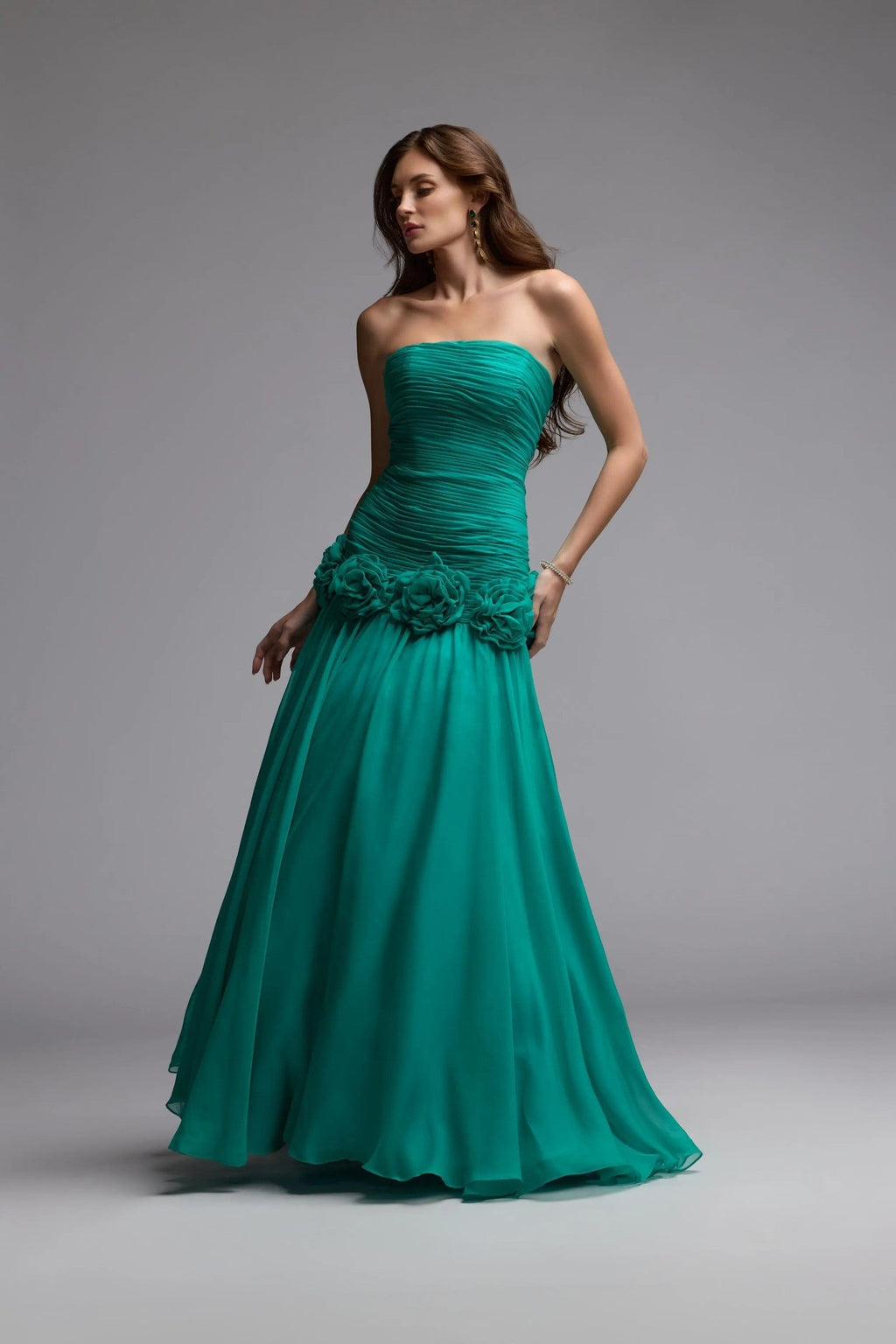 Spring Green Strapless Chiffon Ball Gown With 3D Flowers