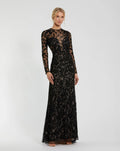 Black Long Sleeve Floral Embellished Gown