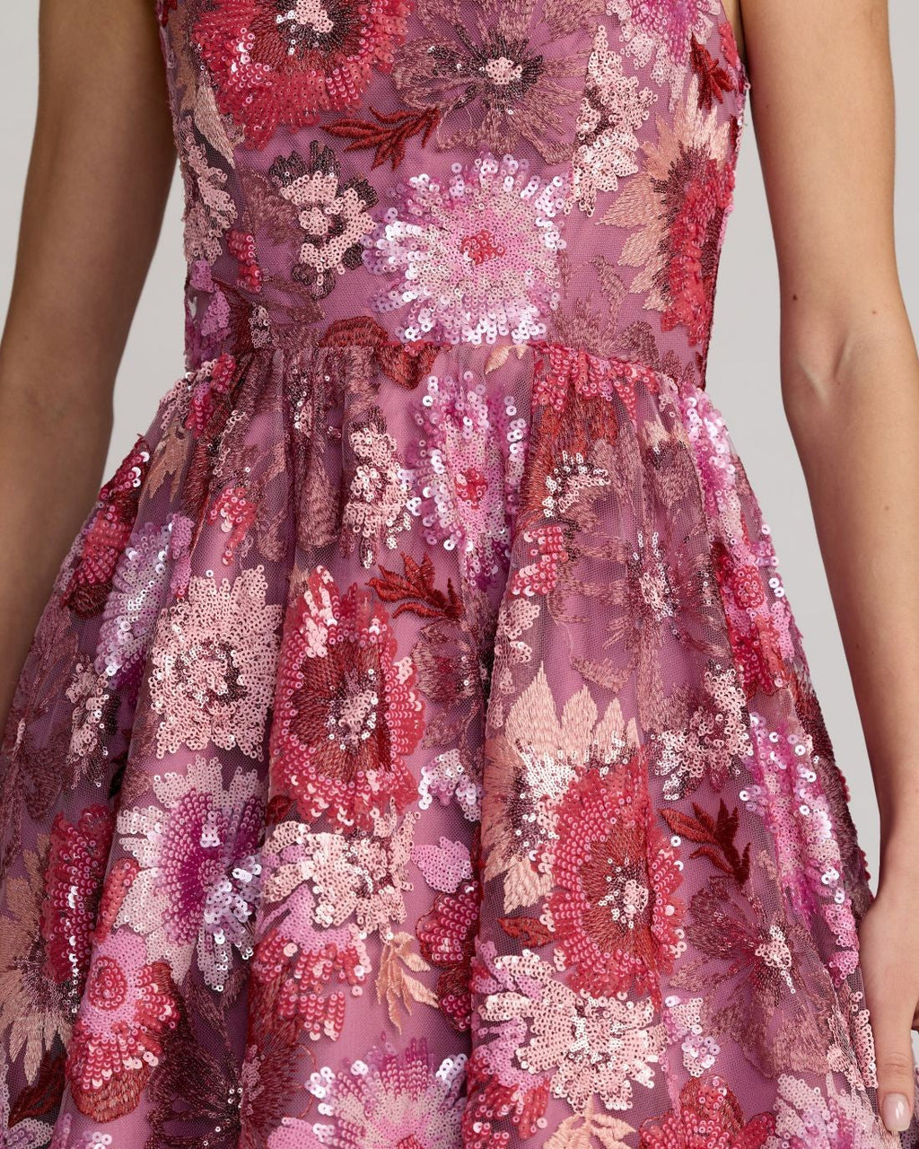Pink Multi Floral Sequin Strapless Midi Dress