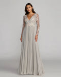 Gray Long Sleeve Embroidered Chiffon A-Line Gown