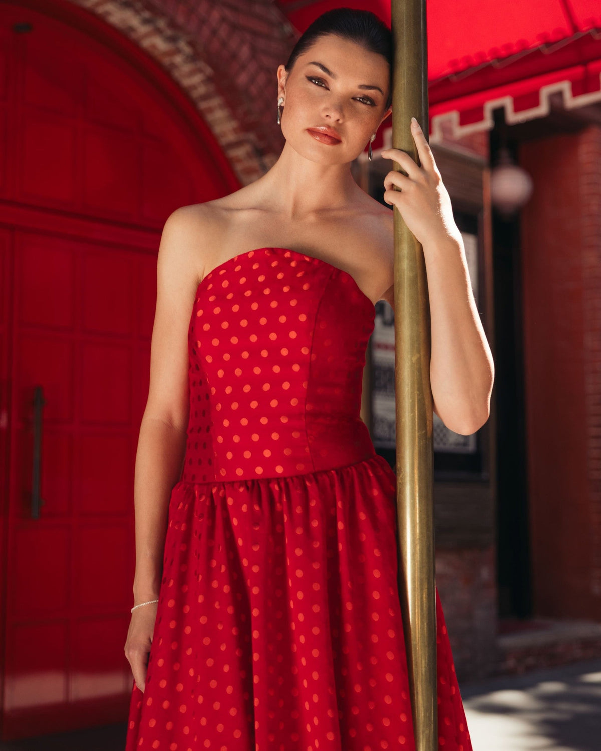 Red Multi Strapless Polka Dot Brocade Midi Dress