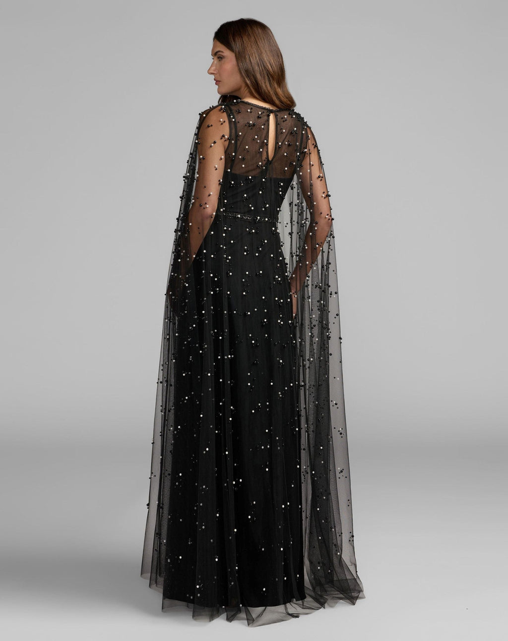 Pearl Embellished Cape Sleeve Gown